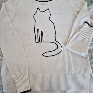LOFT White Sweater with Black Cat Design New With Tags